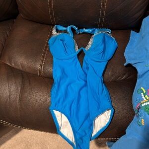Blue One-Piece Swimsuit with Beaded Straps